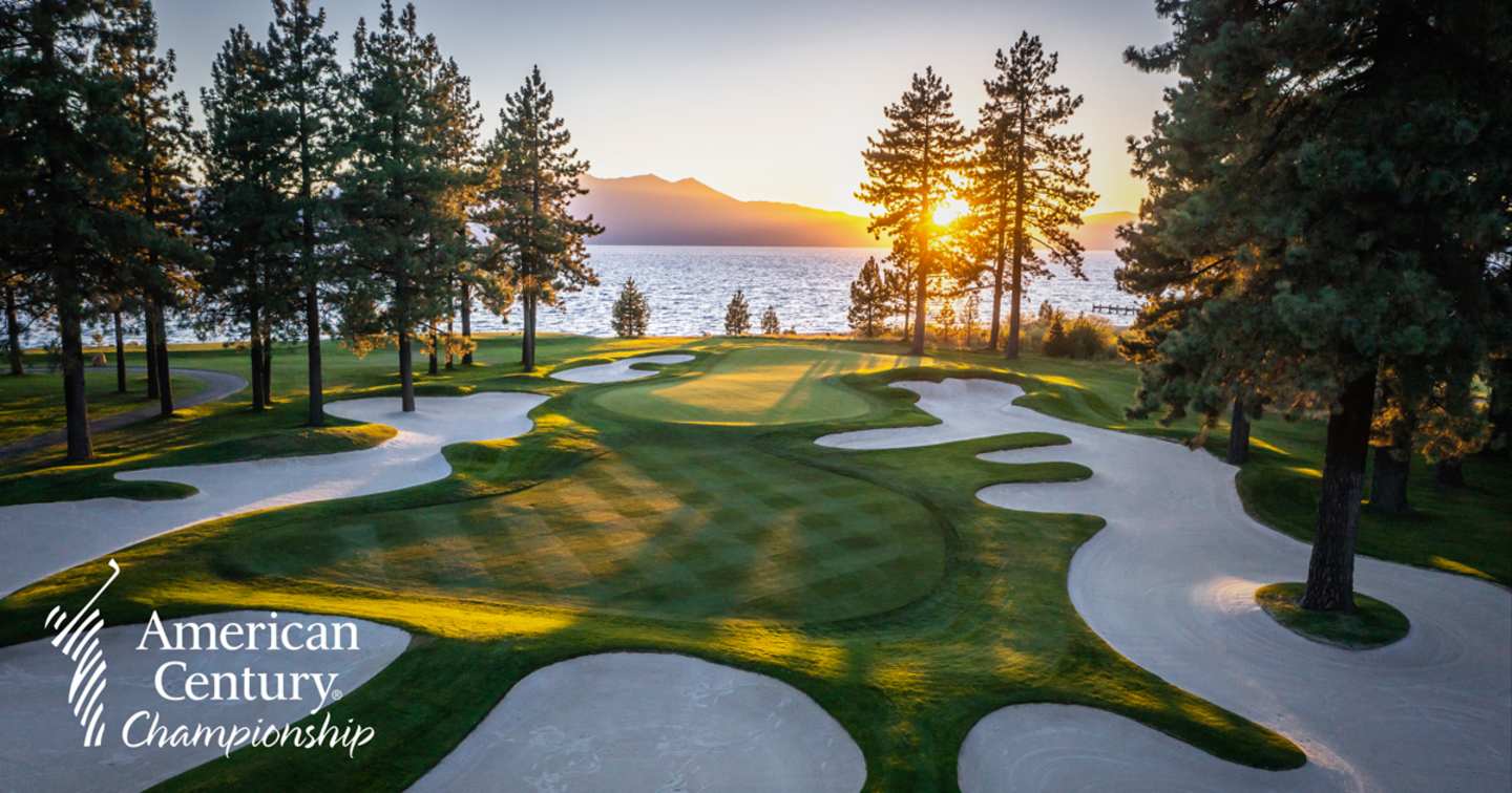 American Century Championship logo superimposed over a golf course with sand traps, trees, a lake, mountains and setting sun.