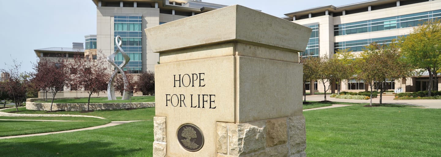 Hope for life pillar in front of Stowers Institute