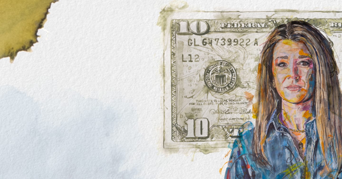 AN illustration of a woman and ten dollar bill.