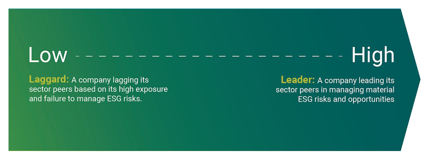 Low end: Laggard, a company lagging its sector peers based on its high exposures and failure to manage ESG risks. High end: Leader, a company leading its sector peers in managing material ESG risks and opportunities.
