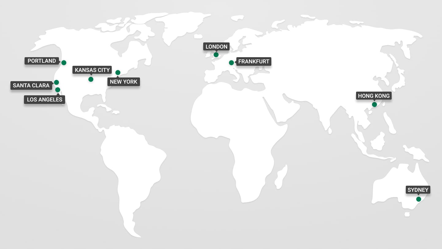 A map of the world with green dots indicating our offices around the world.