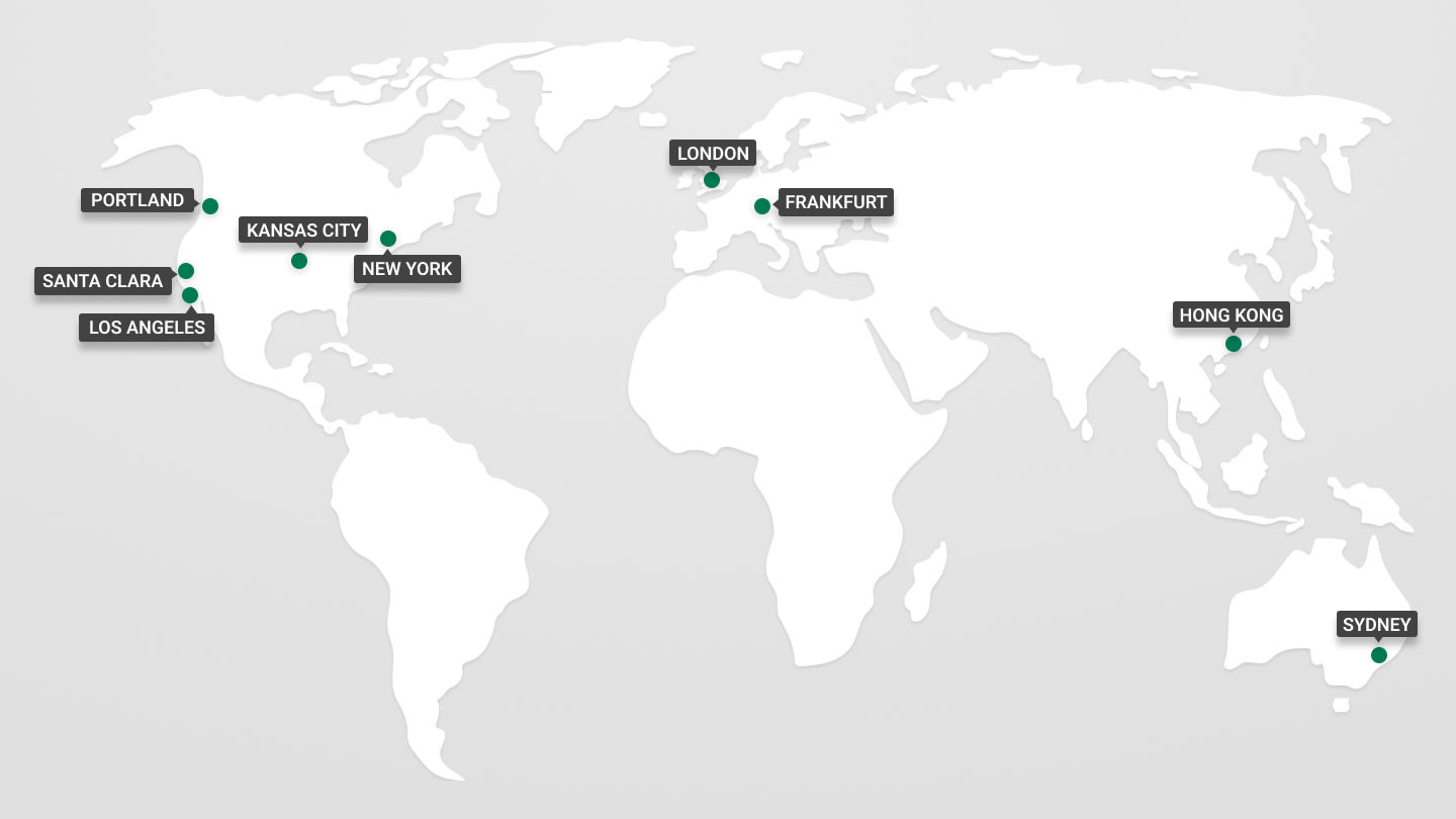 Map of American Century office locations: Kansas City, MO, Santa Clara, CA, Los Angeles, CA, Portland, OR, New York, NY, London, UK, Frankfurt, DE, Hong Kong, and Sydney, AUS.