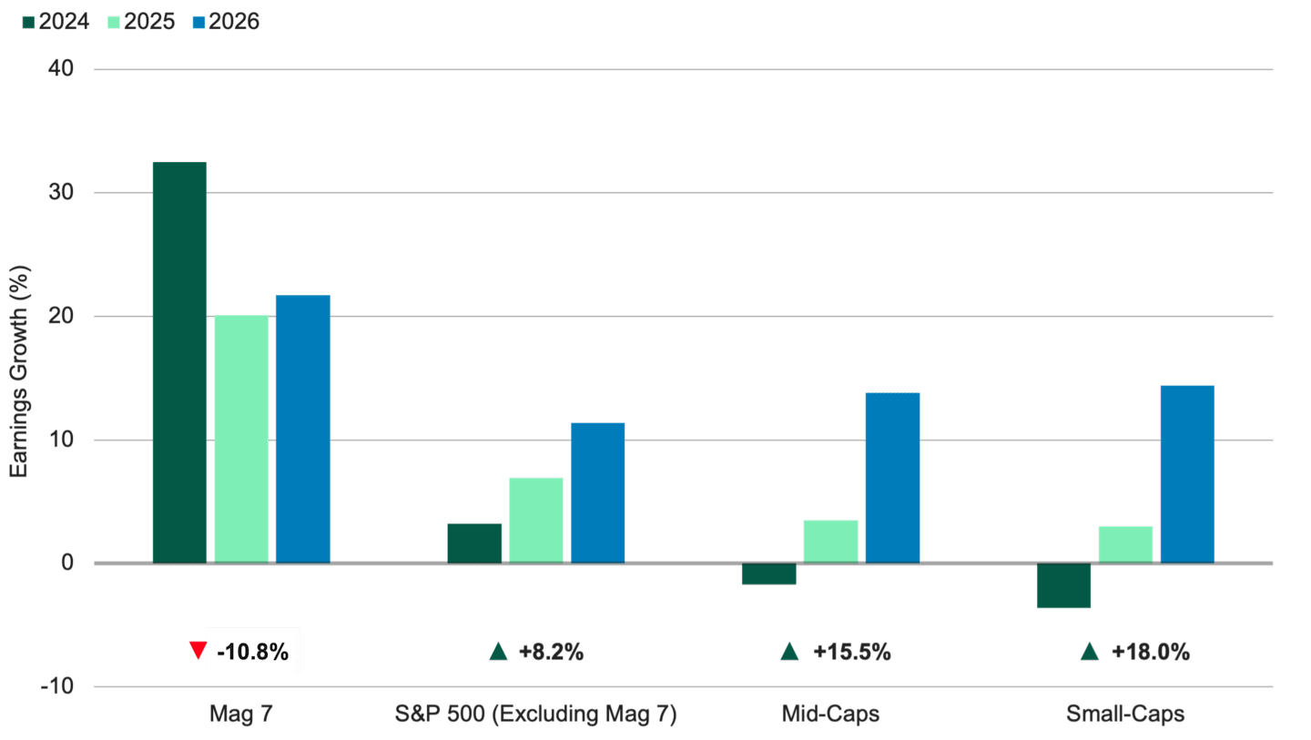 Bar chart comparing earnings growth for mega‑, large‑, mid‑ and small‑cap indexes across recent years, showing faster projected growth for smaller companies.