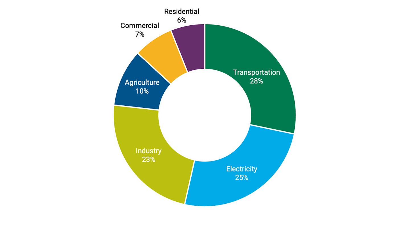 Pie chart showing U.S. GHG emissions by sector. Transportation has the highest emissions at 28%, followed by electricity at 25%. Highlights the significant carbon emissions from transportation.