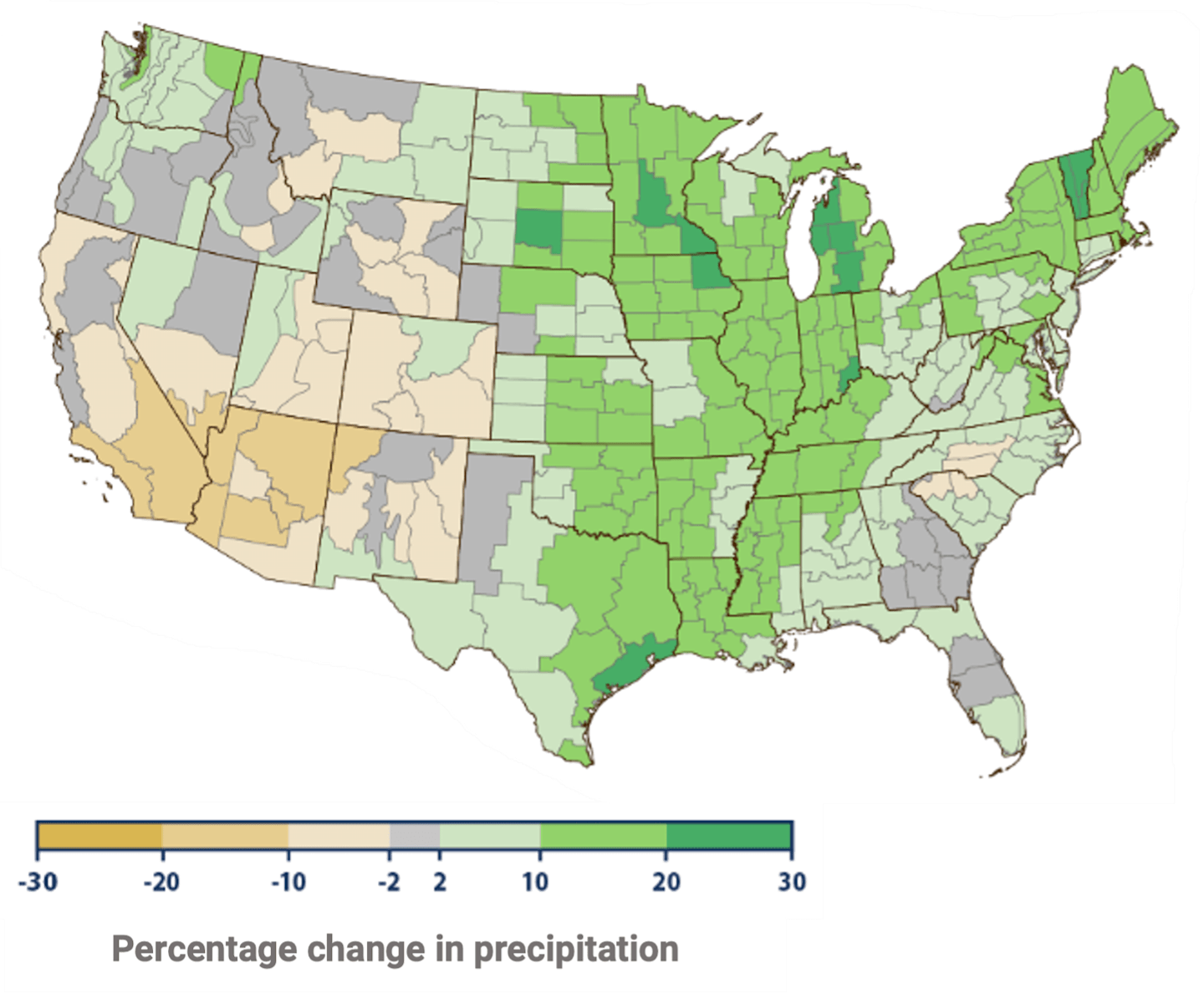 Map of the United States showing the changes in precipitation. The midwest will get more precipitation than the rest of the country.