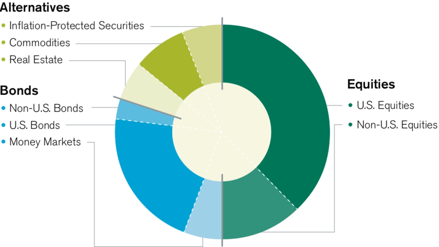 Diversified portfolio with Bonds, Equities and Alternatives.