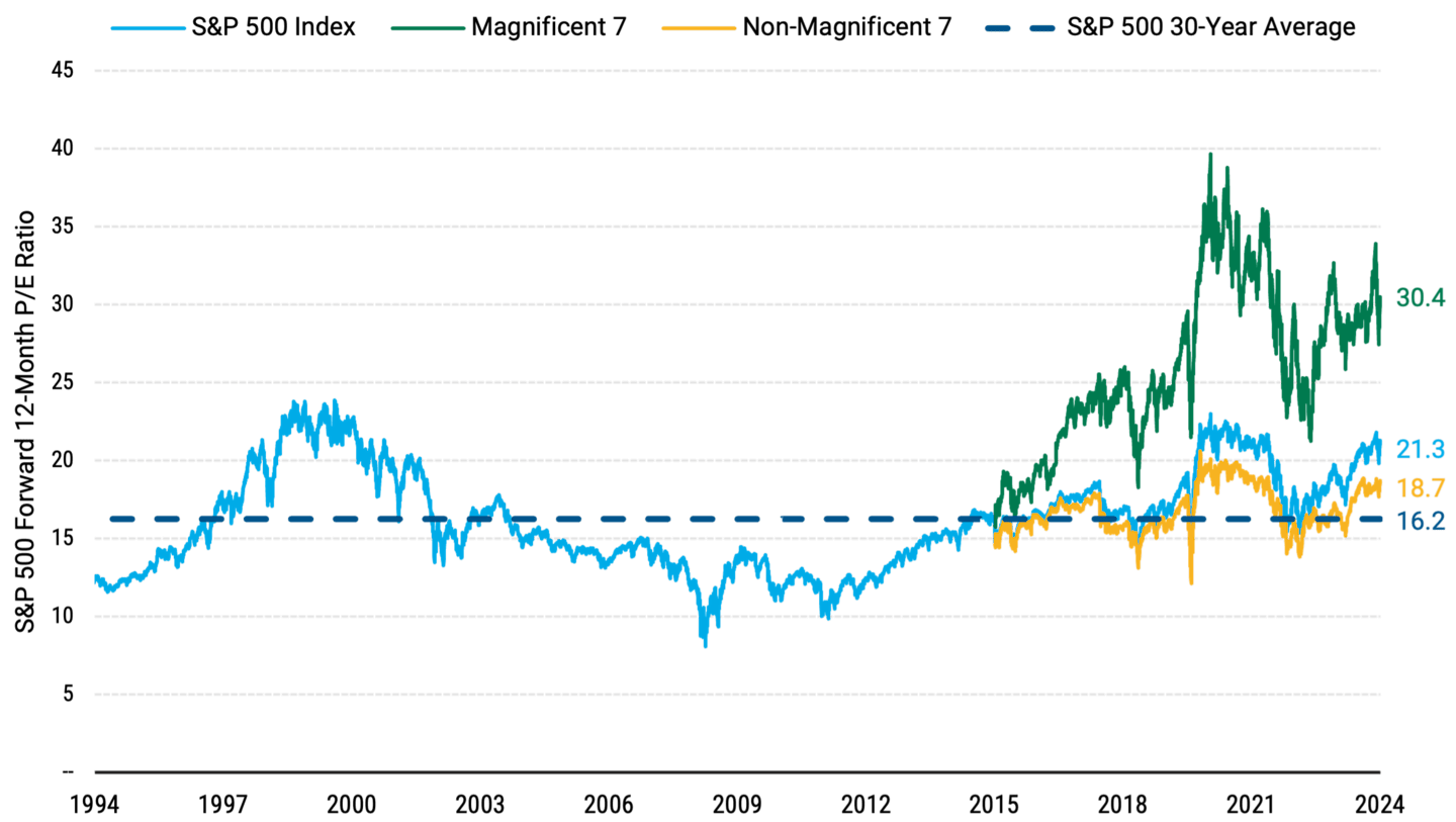 Line chart comparing the valuation gap between the Magnificent 7 stocks and the rest of the S&P 500 from 1994 to 2024, highlighting earnings growth trends.