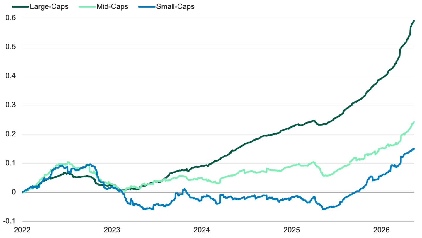 Line chart comparing change in next‑12‑month earnings estimates. Large‑caps climb to ~59%, mid‑caps to ~24%, and small‑caps to ~15% by May 2026.