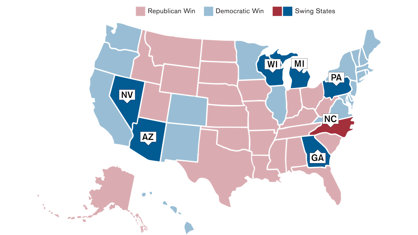 Map of the United States with seven potential swing states for the 2024 US Presidential Election highlighted.
