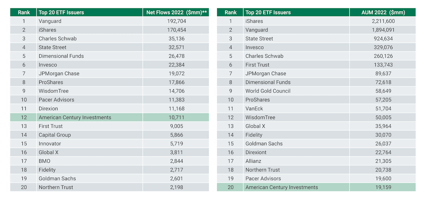 Summary of the top 20 ETF issuer landscape.