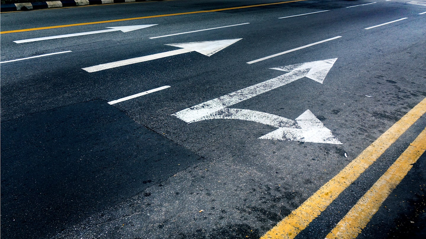 Turning lanes on a road.