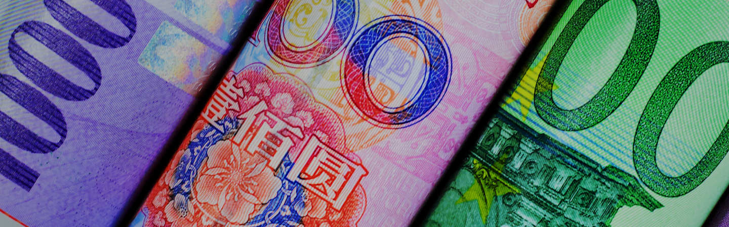 Multi-colored international currency.