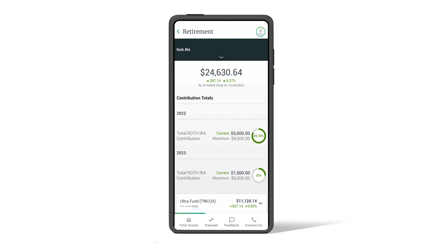 Mobile App retirement account overview screen.
