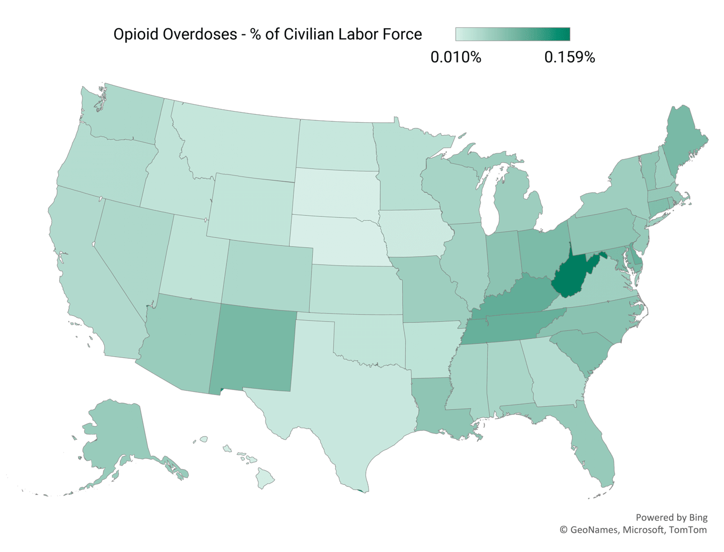Map of the United States with each state shaded green. The darker the green, the more opioid overdoses as a percent of civilian labor force. Louisiana, Nevada, New Mexico, South Carolina and West Virginia are the highest.