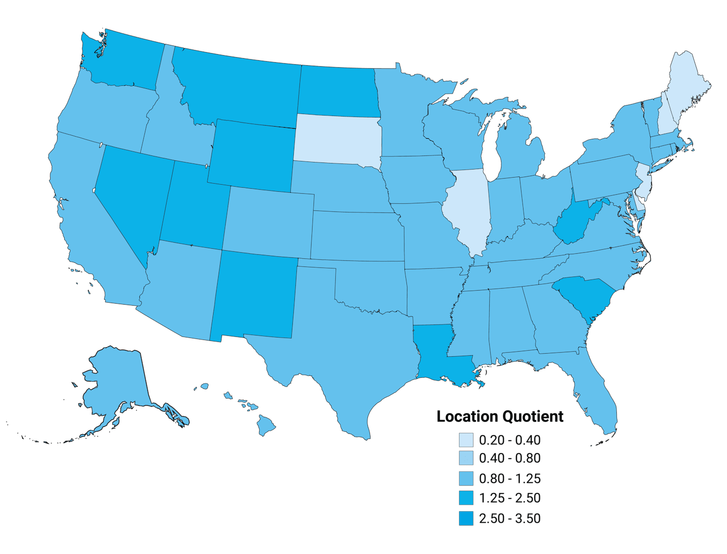 Map of the United States with each state shaded red. The darker the red, the more construction laborers the state has as a percent of its workforce. Louisiana, Nevada, New Mexico, South Carolina and West Virginia are the highest.