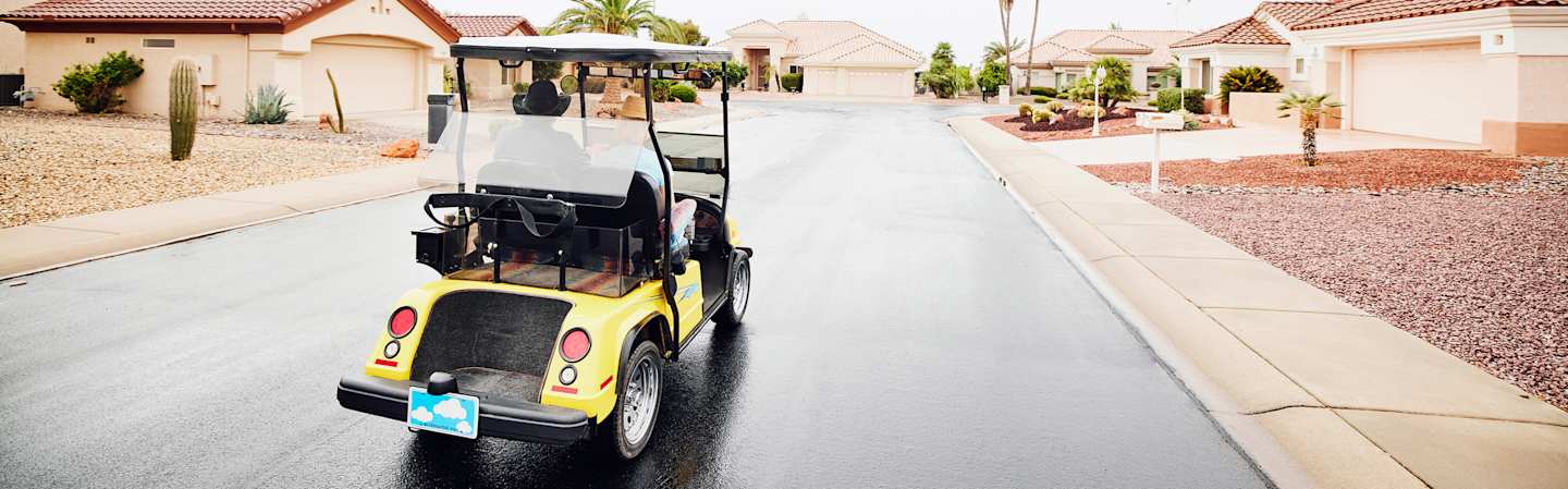 Person riding a golf cart through a suburban neighborhood.