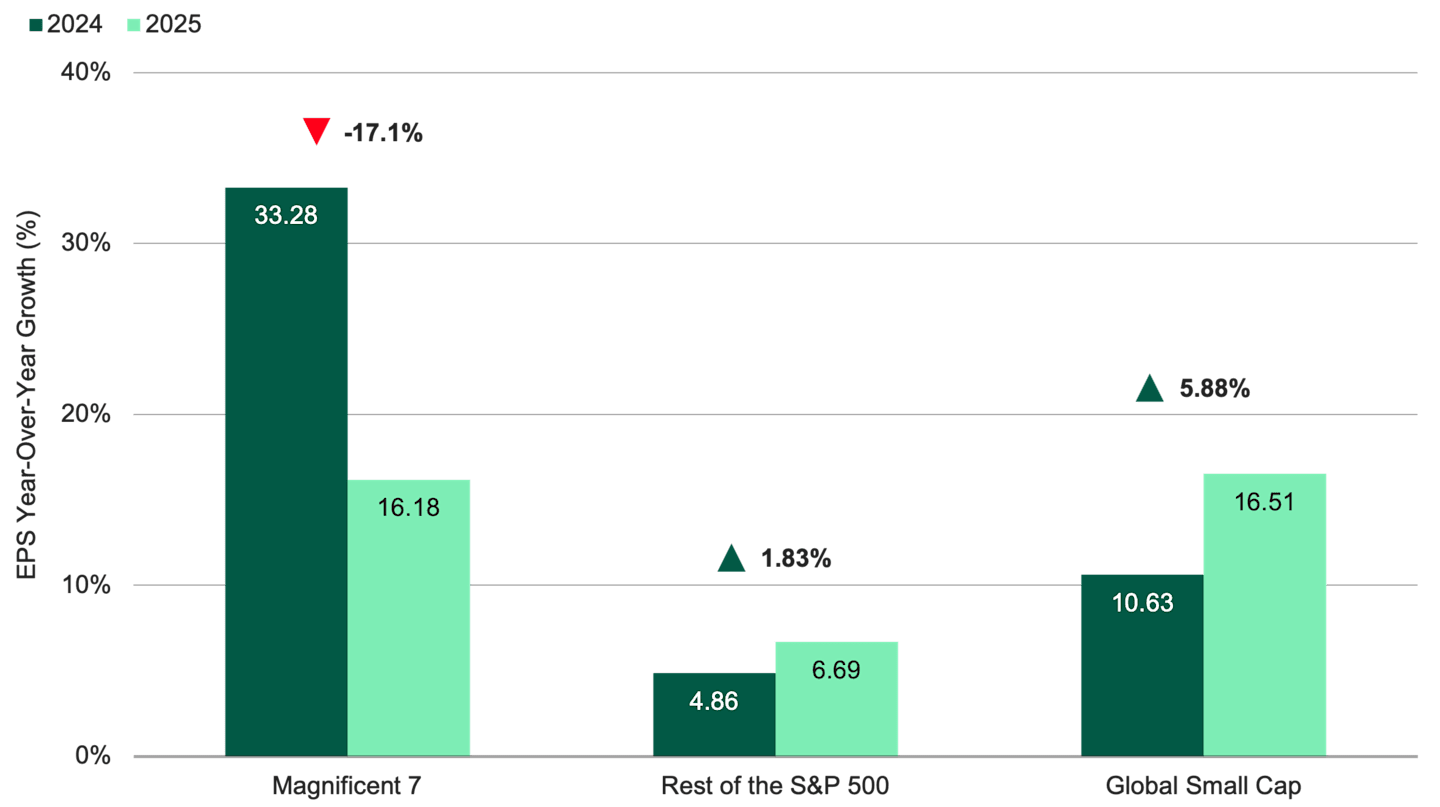 Bar chart showing projected global small-cap earnings growth accelerating in 2025 compared to 2024, based on FactSet estimates.