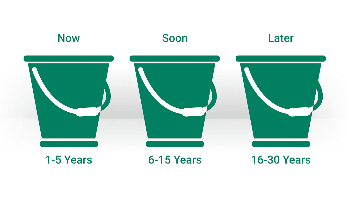 3 green buckets labeled Now 1 to 5 years, Soon 6 to 15 years and Later 16 to 30 years.