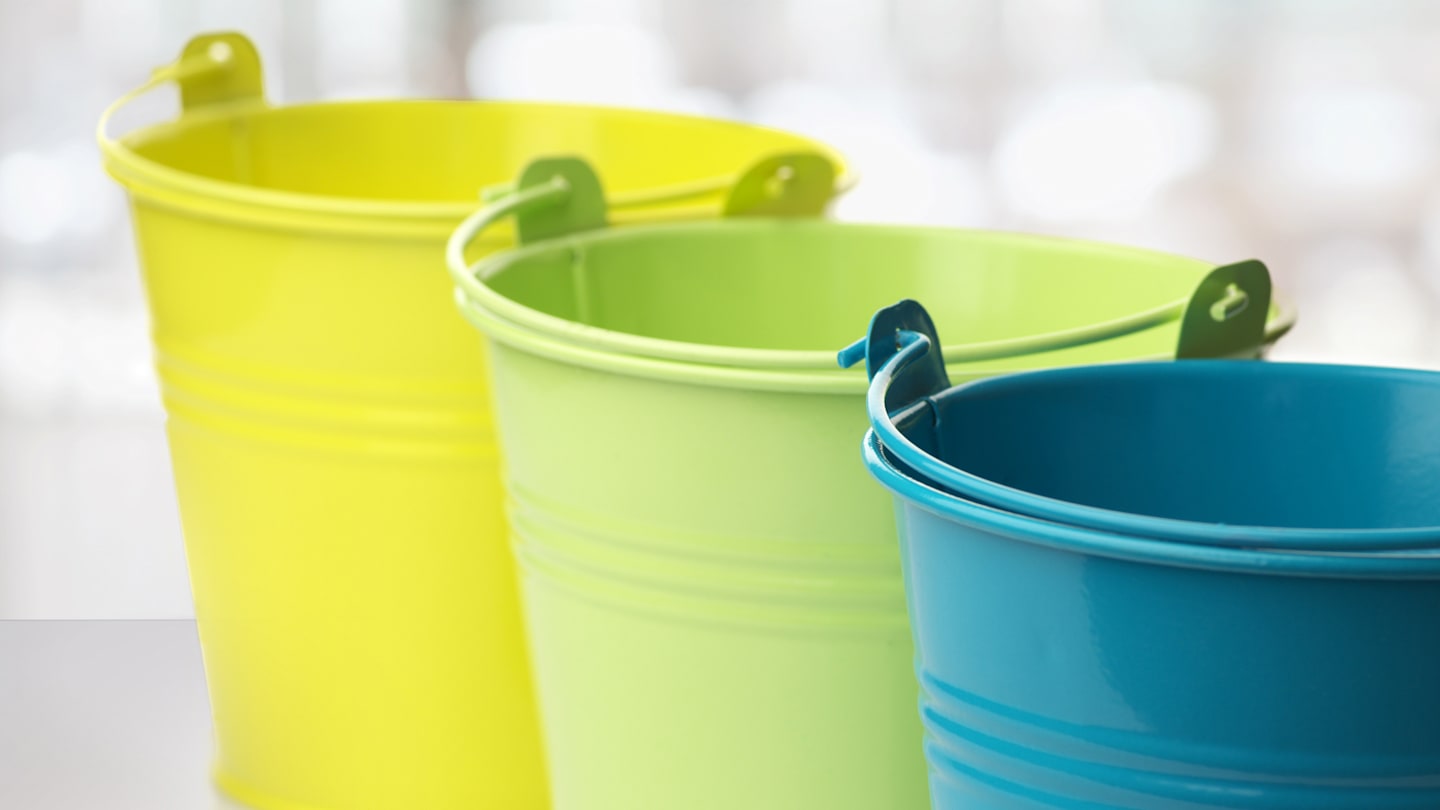 Three buckets in different, yet complimentary colors.
