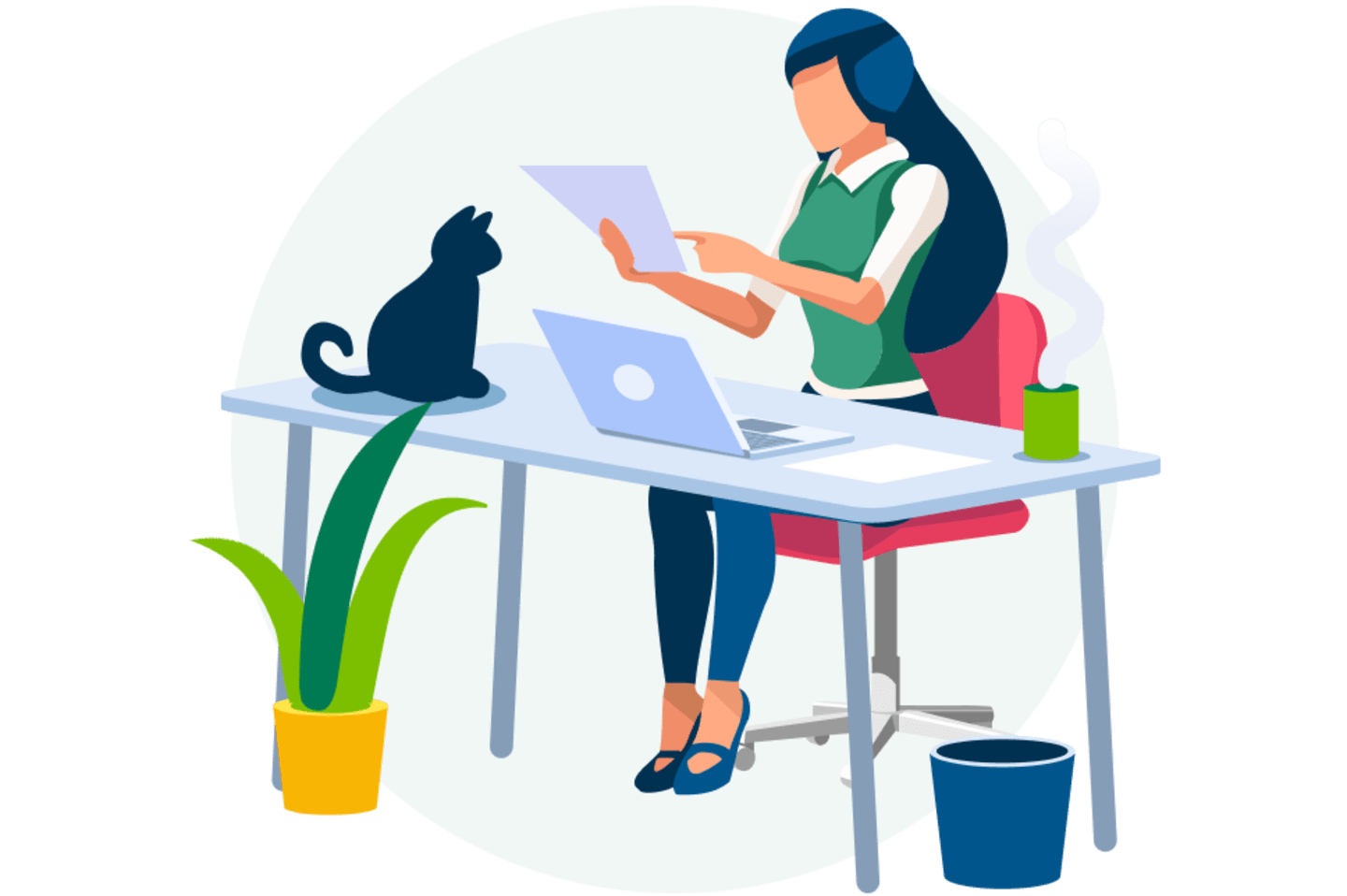 Illustration of woman working at desk with laptop while cat watches.