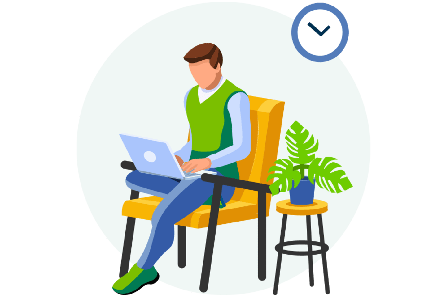 Illustration of man with laptop sitting in chair.