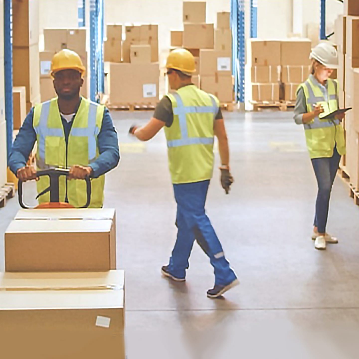 Warehouse workers moving inventory.