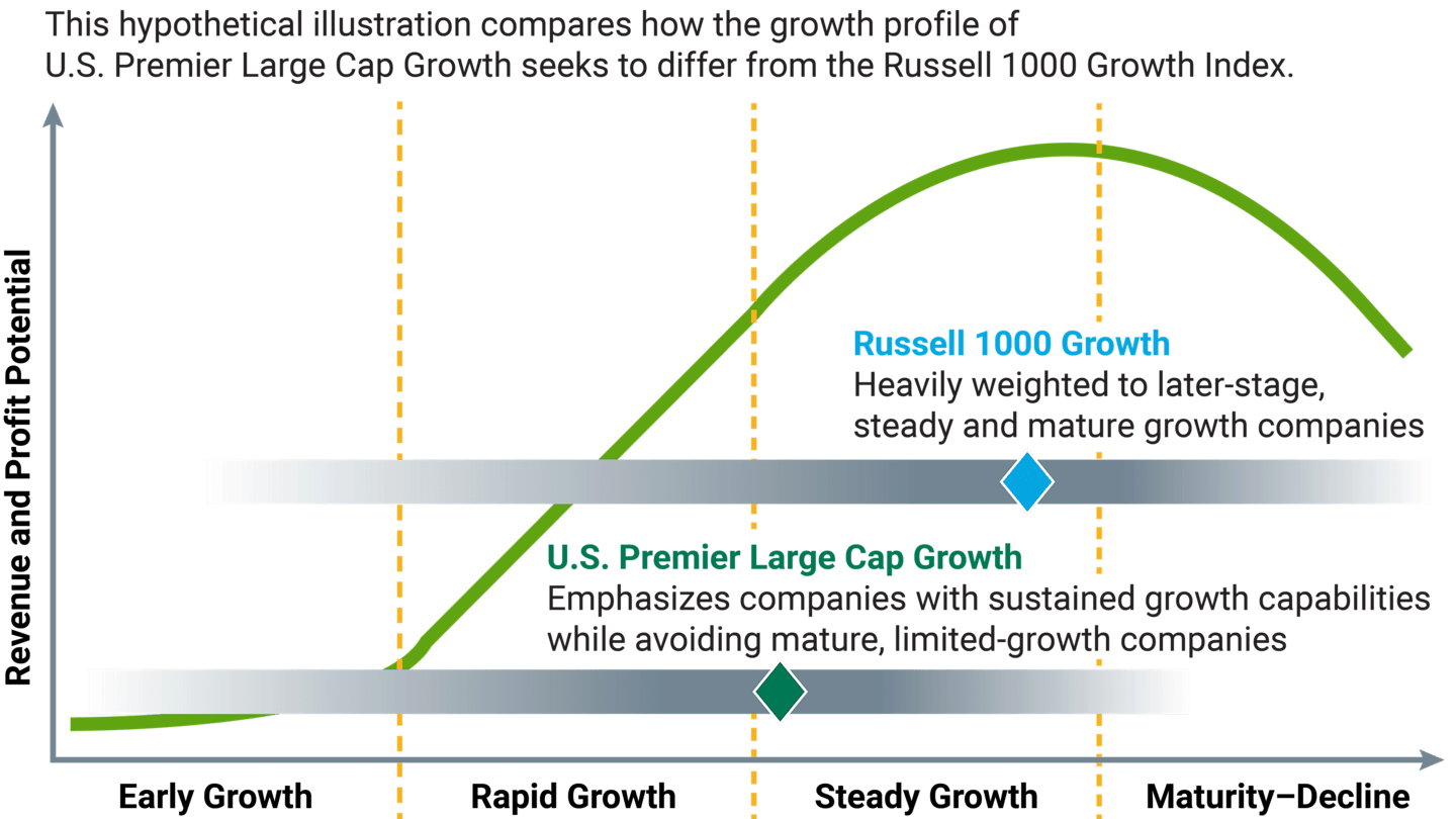 This hypothetical illustration compares how the growth profile of U.S. Premier Large Cap Growth seeks to differ from the Russell 1000 Growth Index.