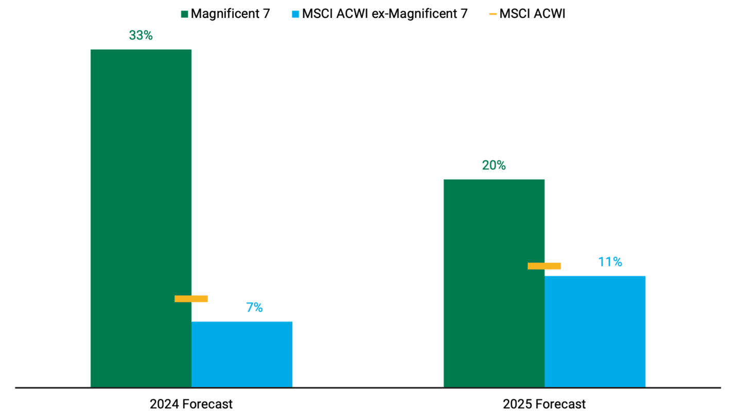 Bar chart illustrating the forecasted year-over-year EPS growth for small-cap and large-cap stocks in 2025, with small caps leading at 22%.