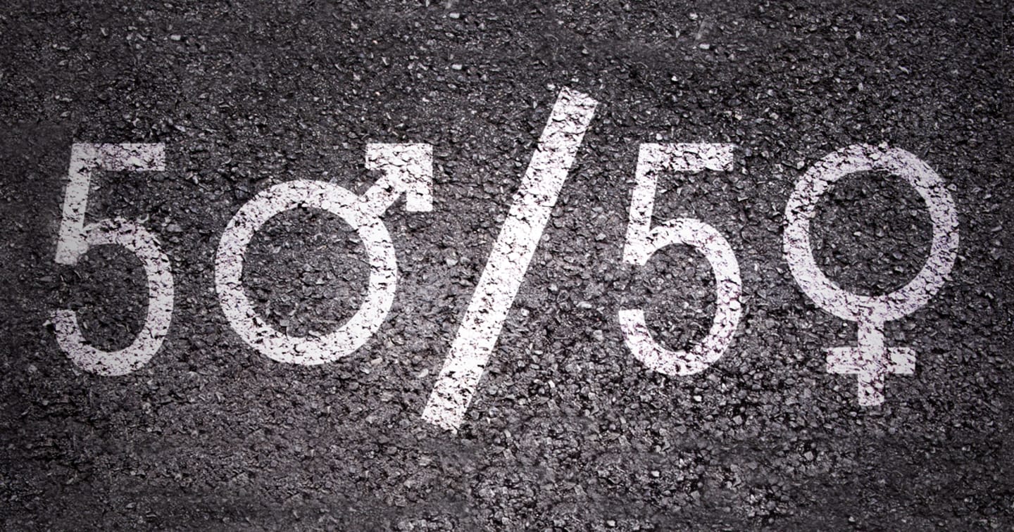 Asphalt with "50/50" written in chalk and the male and female symbols replace the "0".