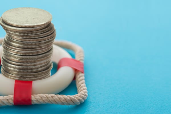 Life-preserver around stack of coins.