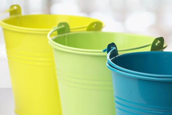 Three buckets in different, yet complimentary colors.